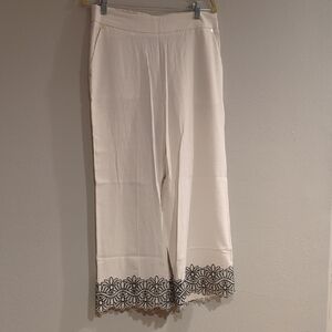 Anne Klein Linen Blend Wide Leg Embroidered Pants